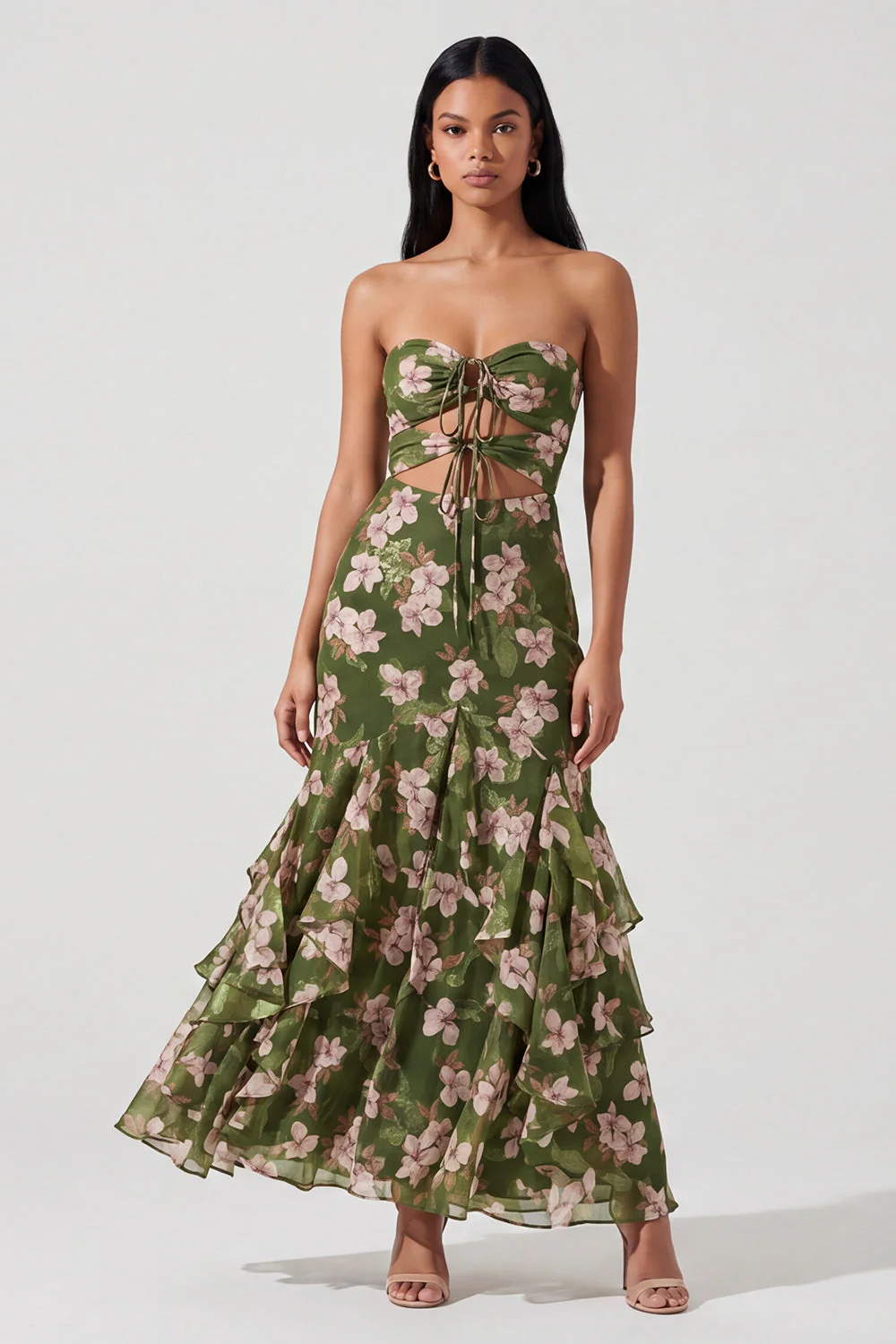 Robe Maxi à volants découpée en sirène à motifs floraux vert foncé, sans bretelles - Image 3