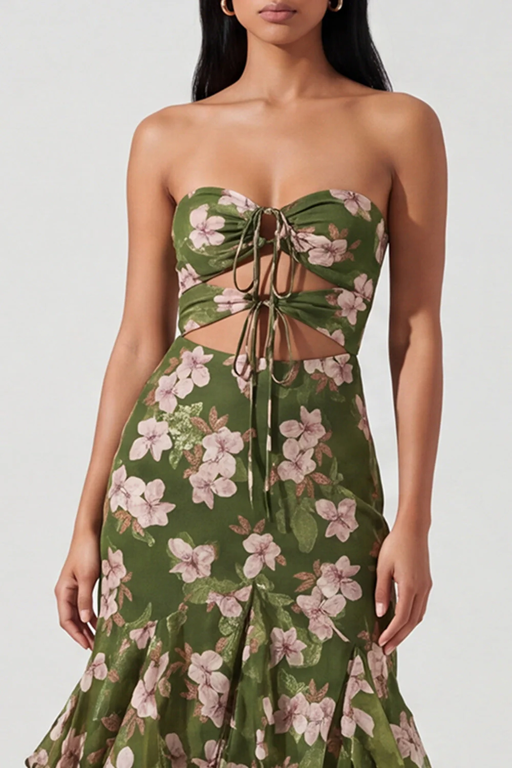 Robe Maxi à volants découpée en sirène à motifs floraux vert foncé, sans bretelles - Image 4