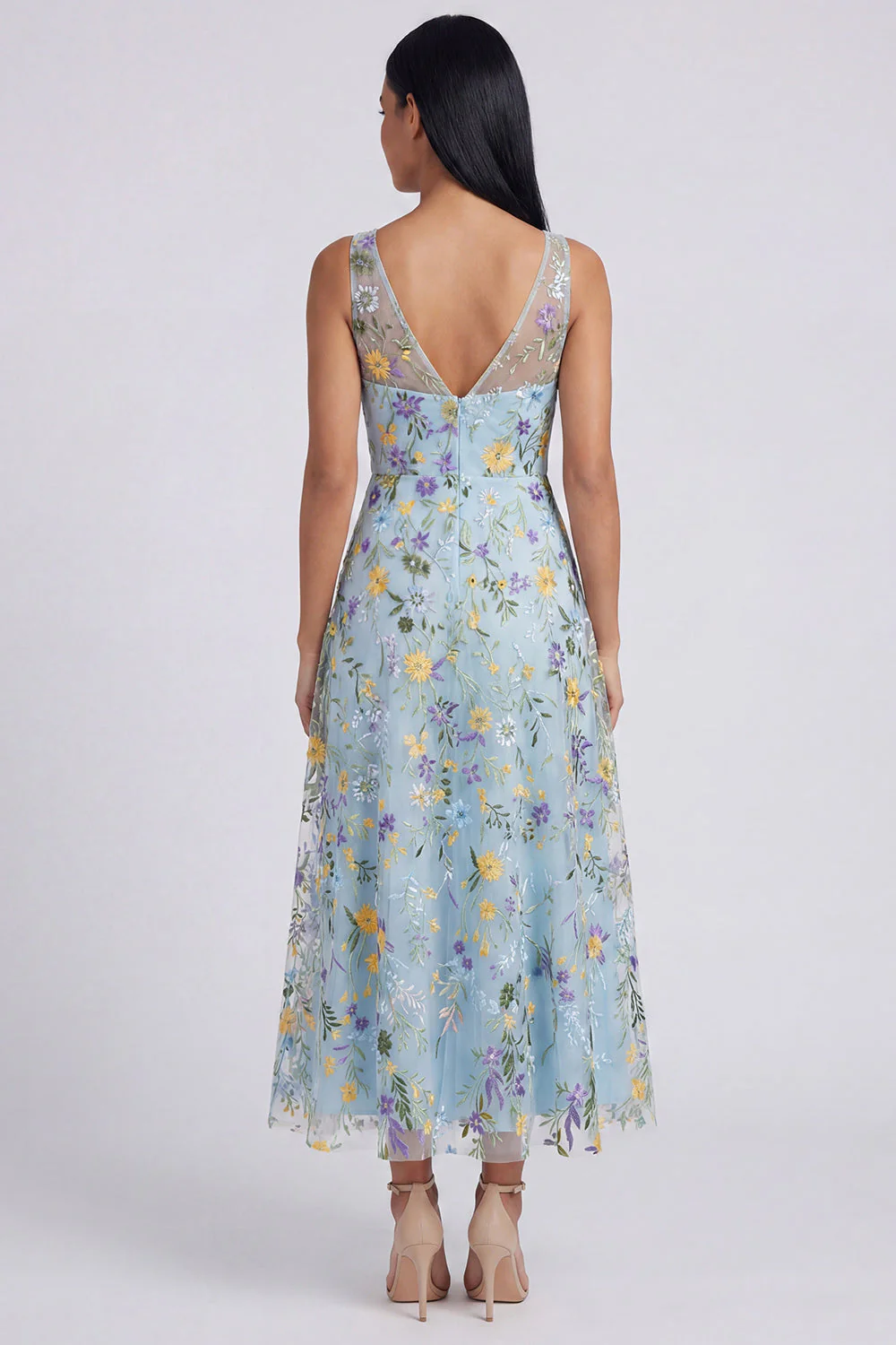 Robe Maxi bleue à col en V à fleurs en V - Image 2