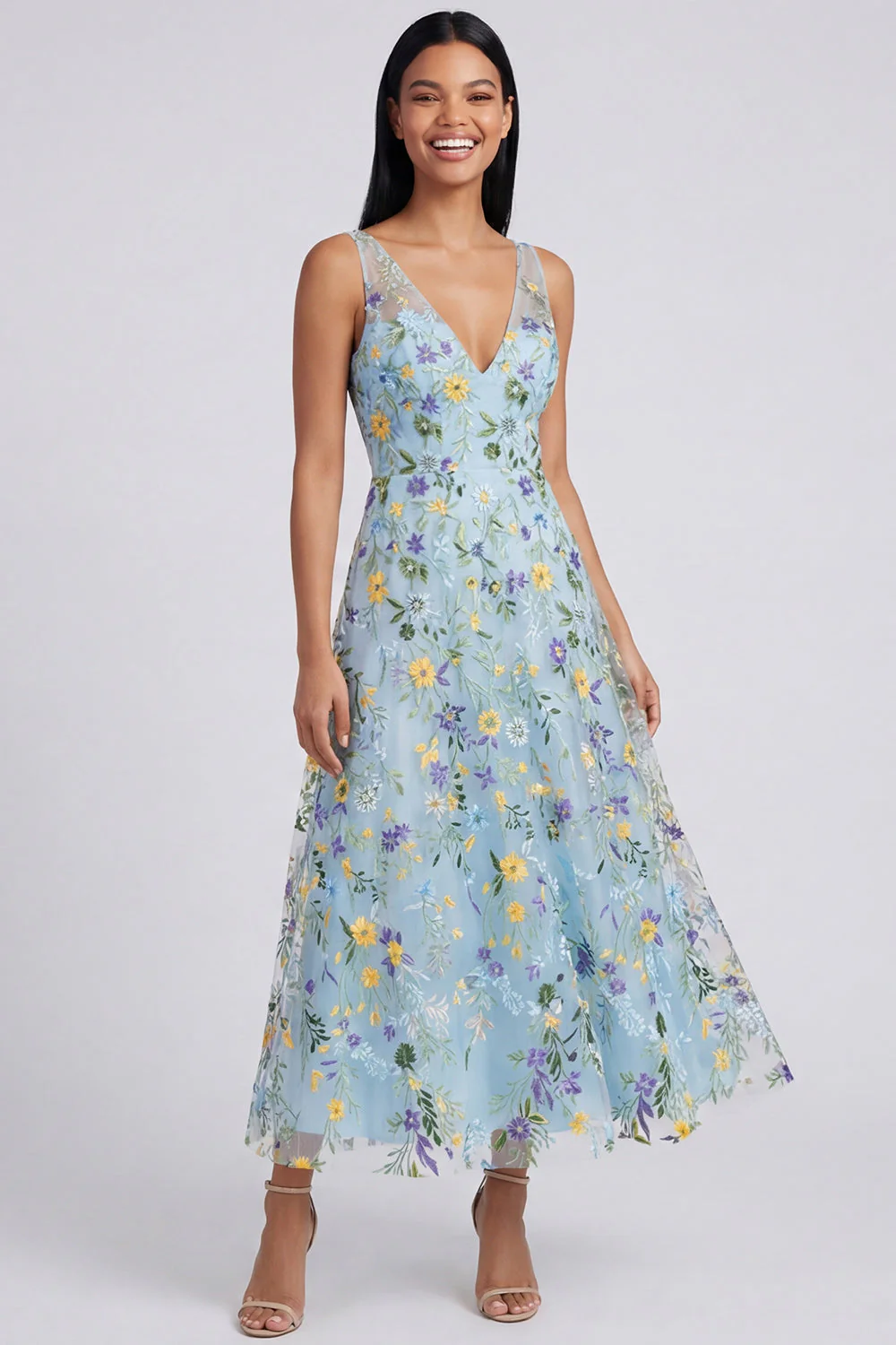Robe Maxi bleue à col en V à fleurs en V - Image 3