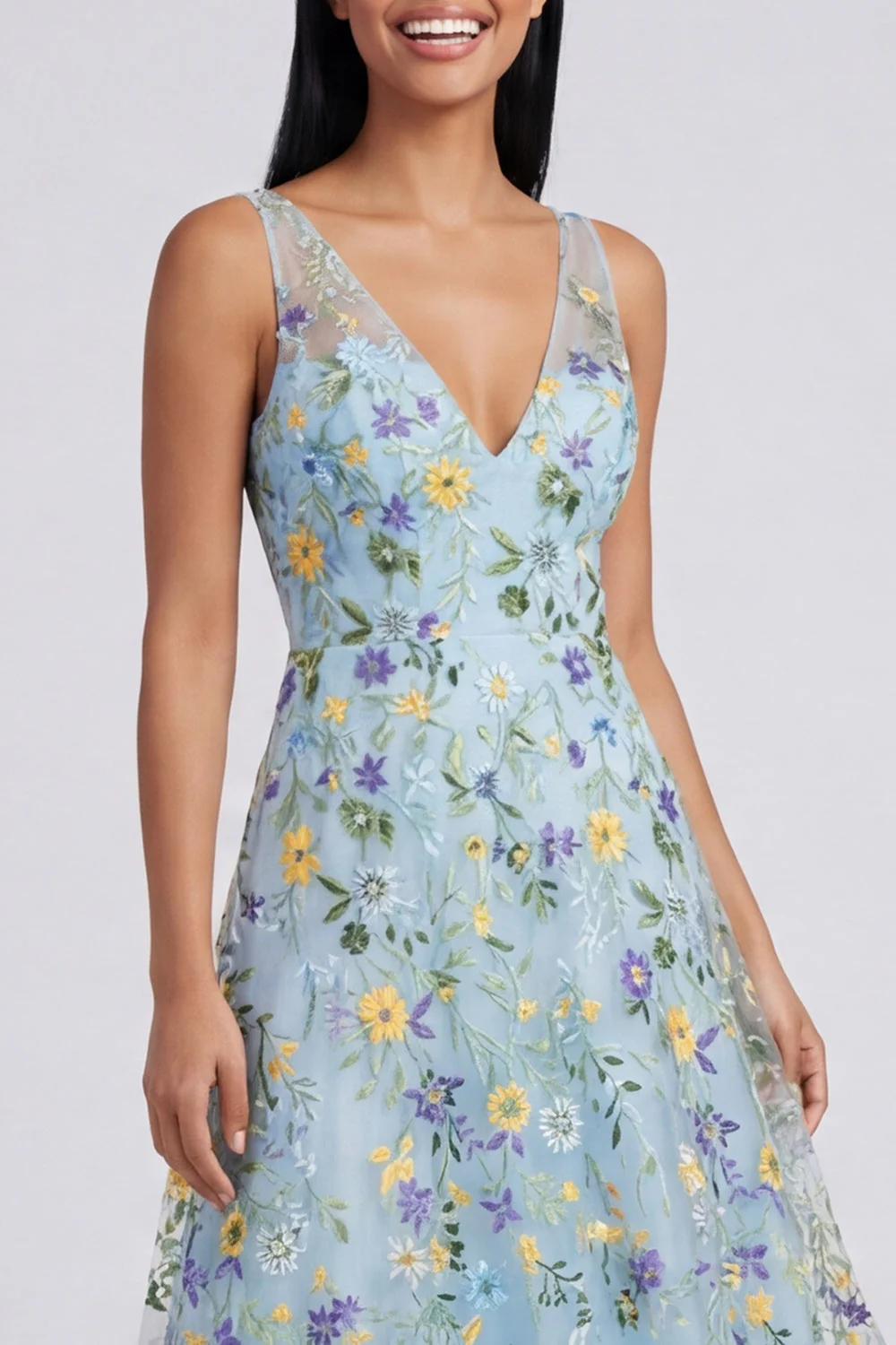 Robe Maxi bleue à col en V à fleurs en V - Image 4