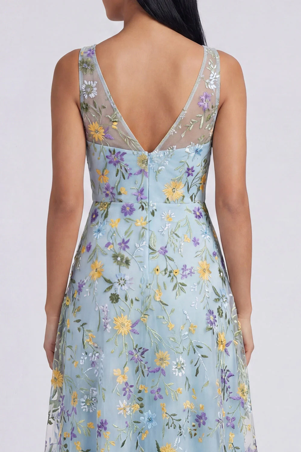 Robe Maxi bleue à col en V à fleurs en V - Image 5