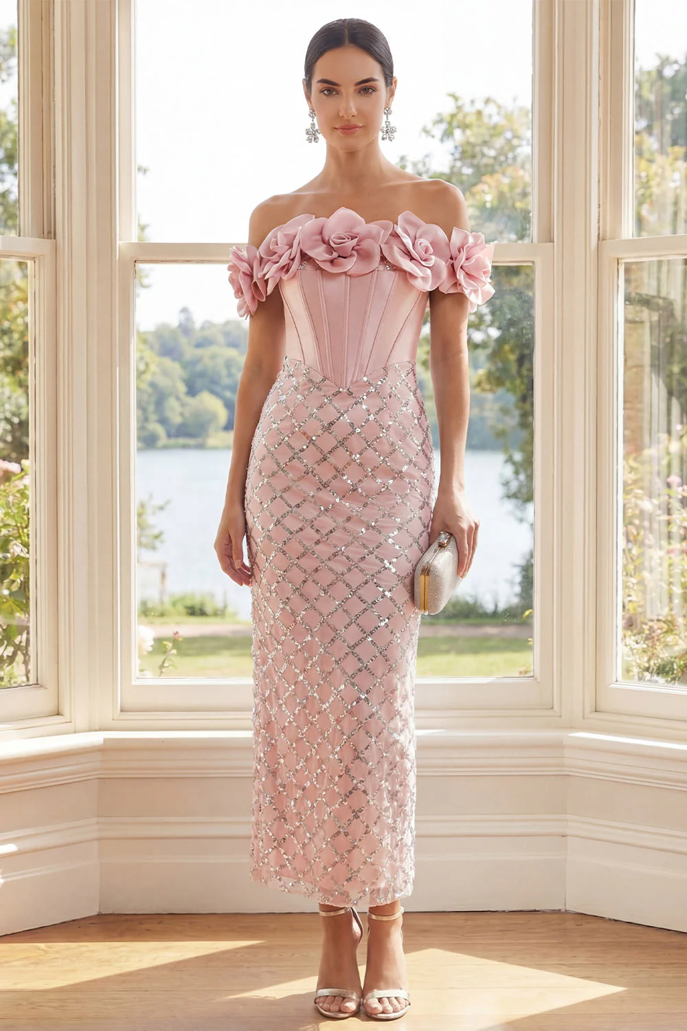 Robe Maxi bodycon corset à épaules décalées avec fleurs 3D