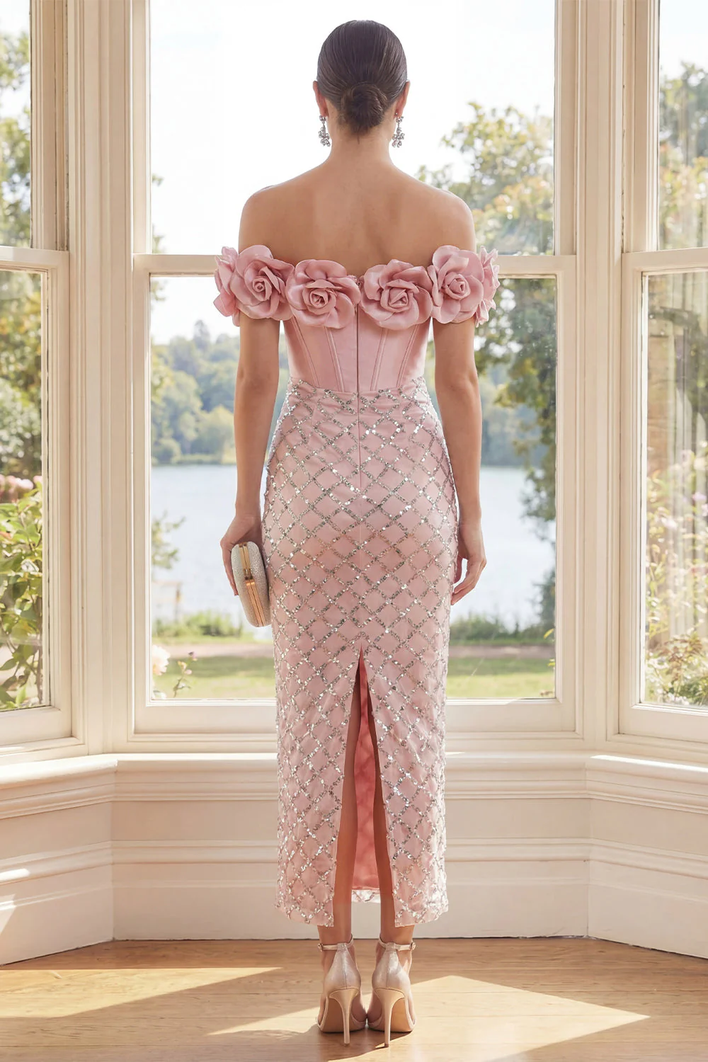 Robe Maxi bodycon corset à épaules décalées avec fleurs 3D - Image 2