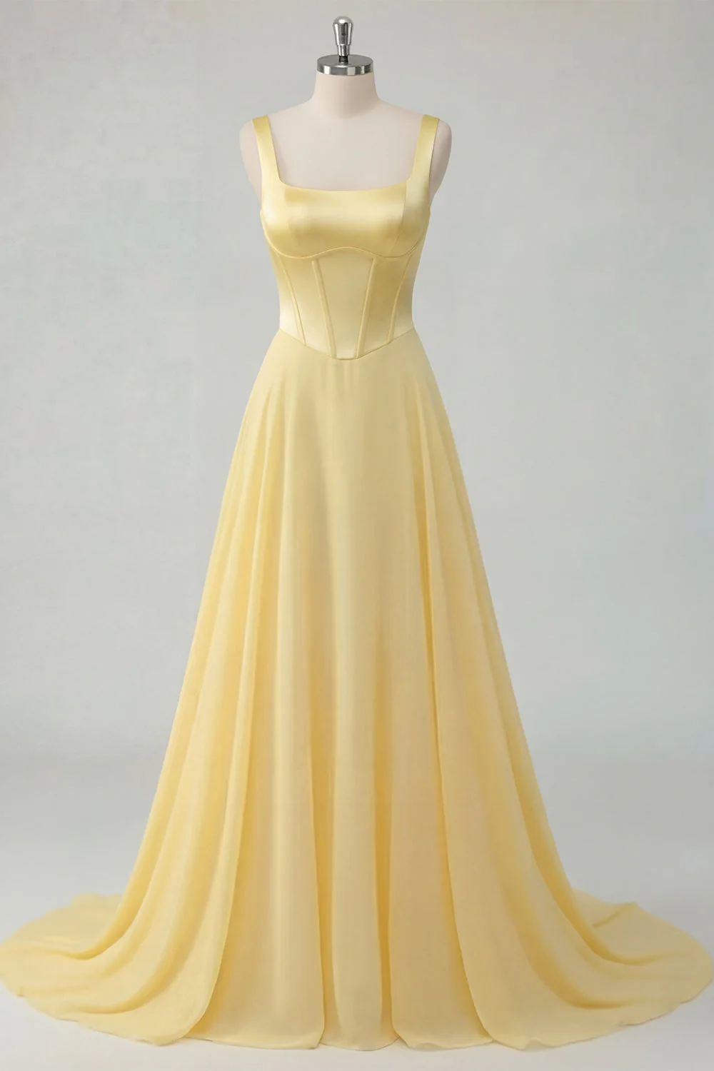 Robe Maxi corset en chiffon jaune beurre à col carré A-Line
