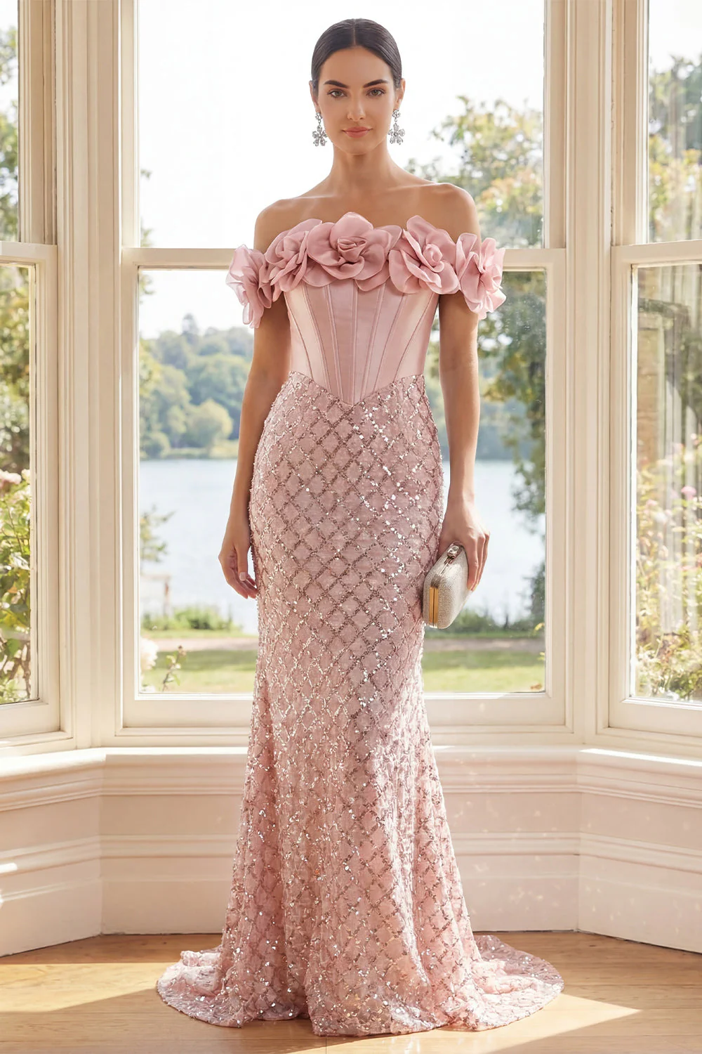 Robe Maxi corset sirène, paillettes à fard à joues décalés, avec fleurs 3D