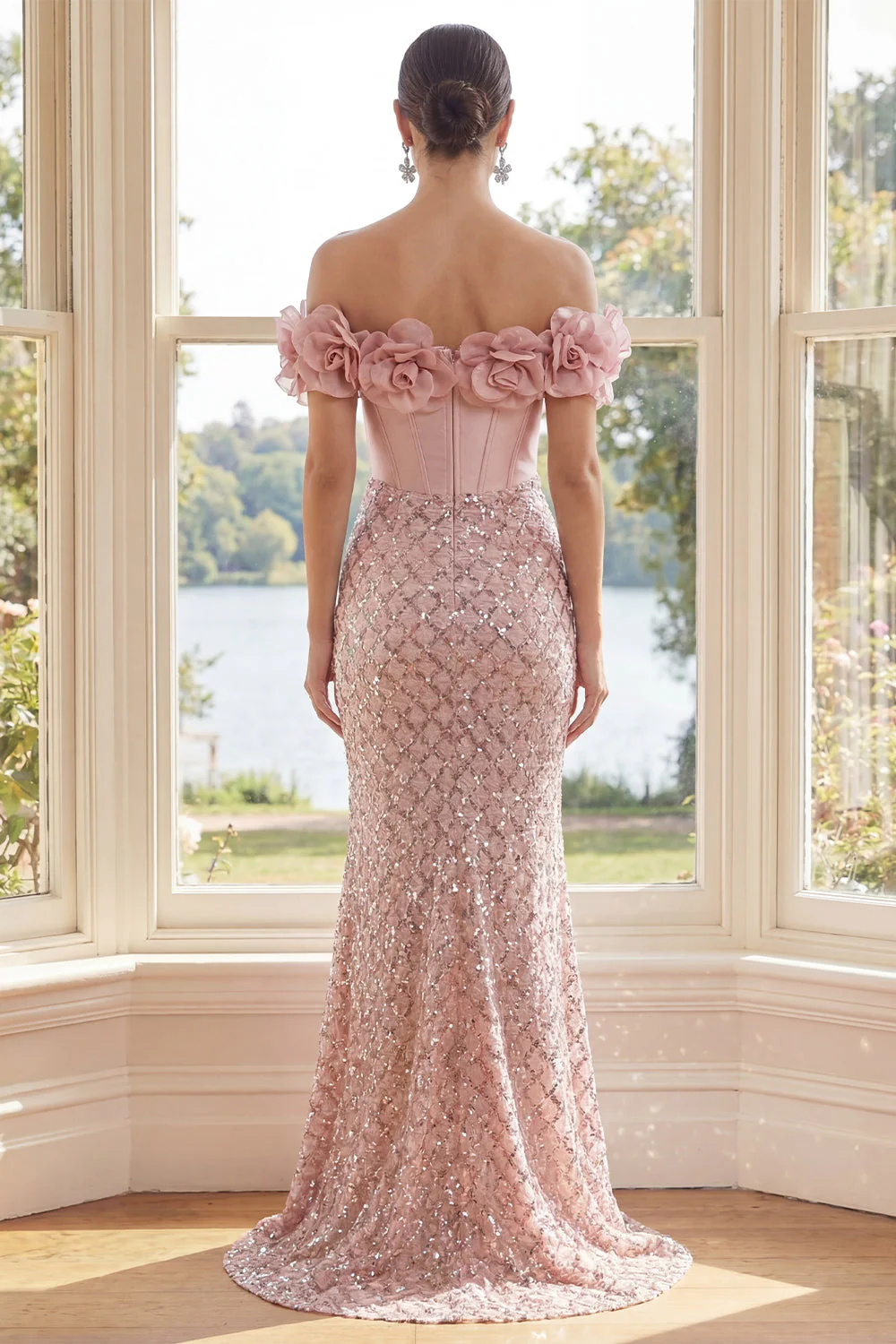 Robe Maxi corset sirène, paillettes à fard à joues décalés, avec fleurs 3D - Image 2