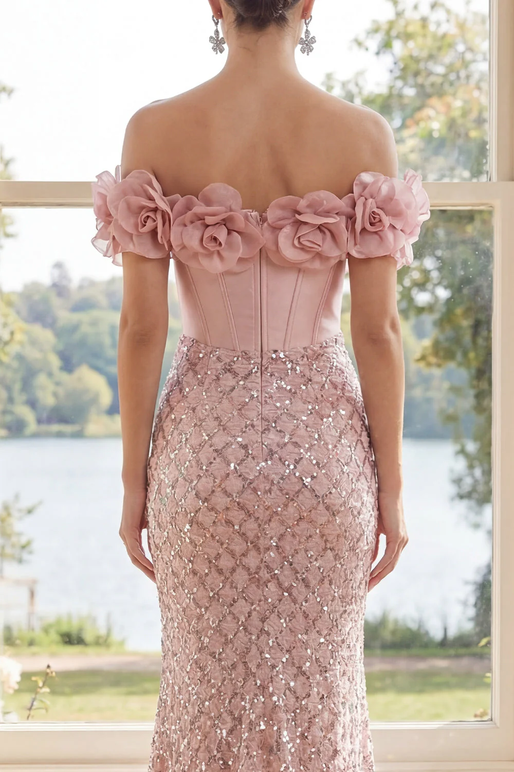 Robe Maxi corset sirène, paillettes à fard à joues décalés, avec fleurs 3D - Image 4