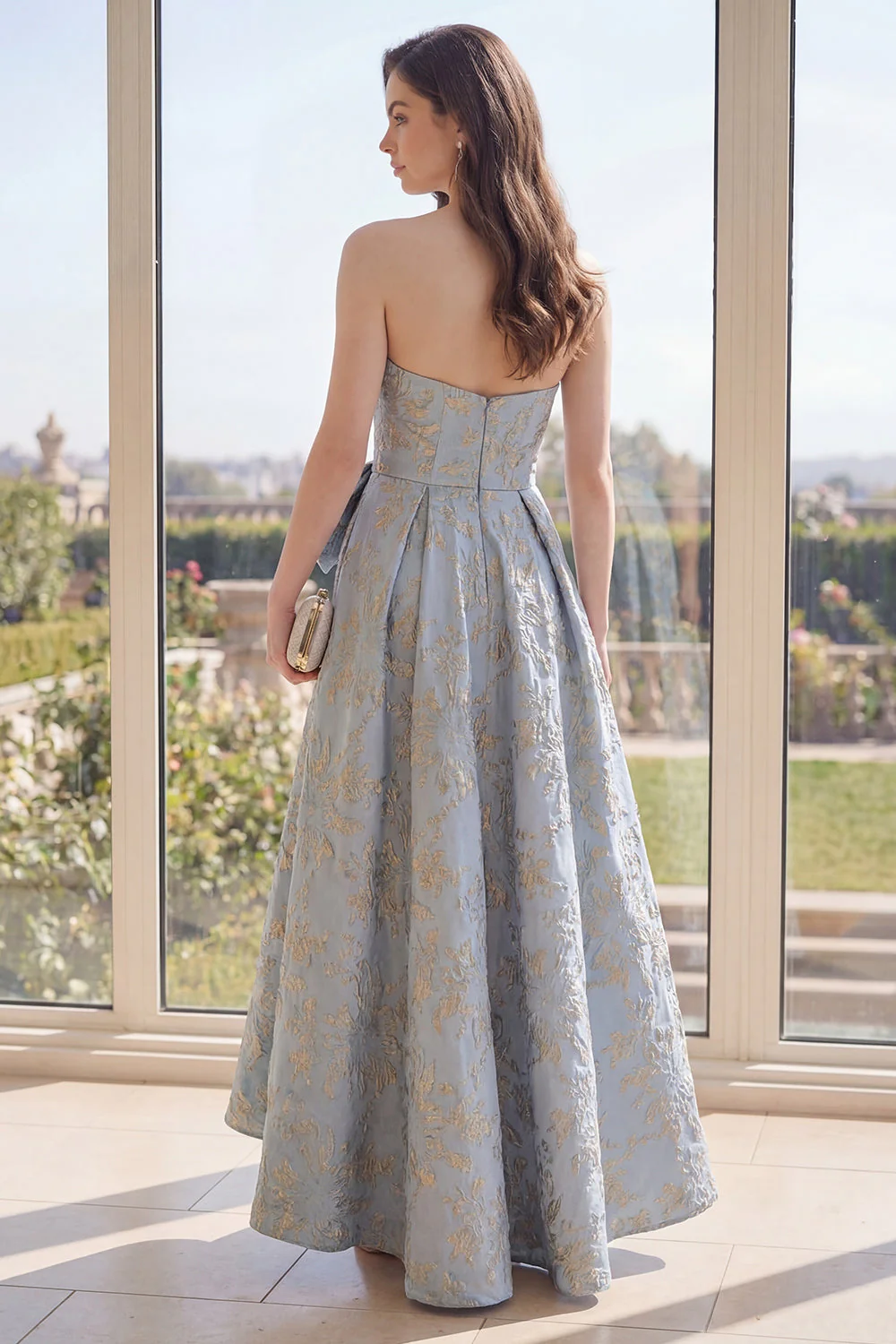 Robe Maxi de Jacquard fleuri bleu poussiéreux Long A Line avec nœud - Image 2
