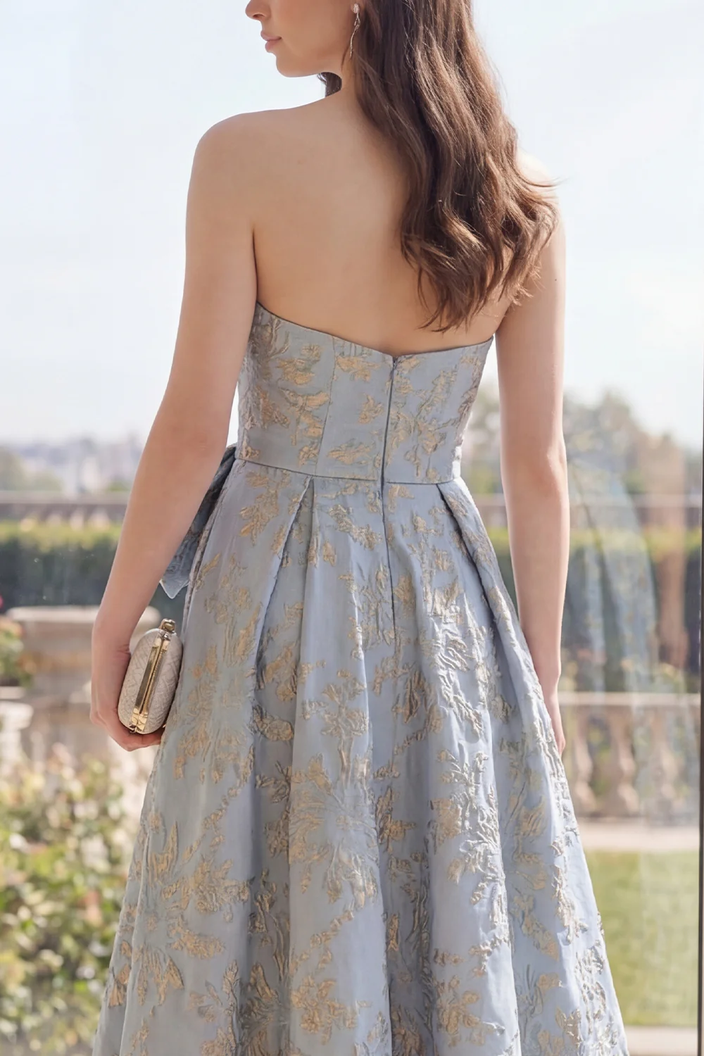 Robe Maxi de Jacquard fleuri bleu poussiéreux Long A Line avec nœud - Image 4