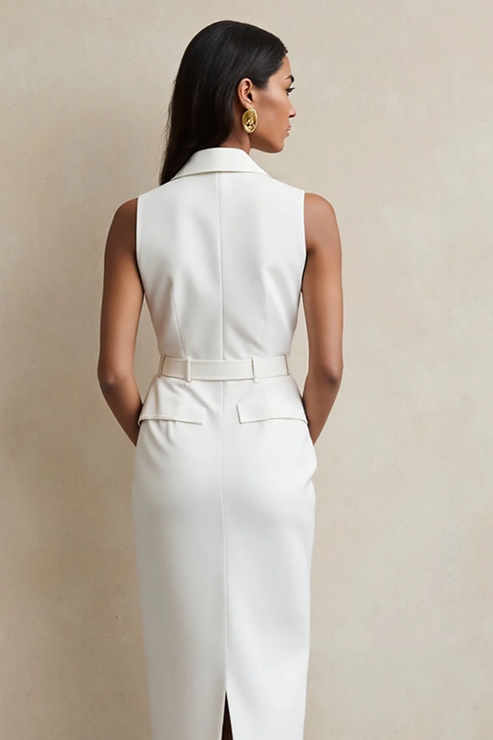 Robe maxi de travail à revers crantés fourreau blanc avec ceinture - Image 4