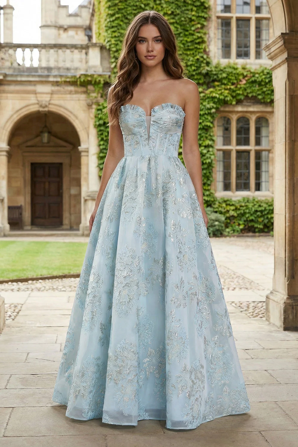 Robe Maxi en brocart en satin Jacquard bleu clair sans bustier