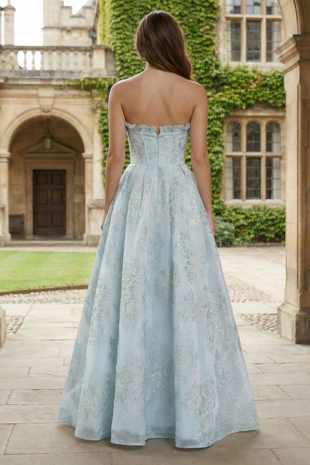Robe Maxi en brocart en satin Jacquard bleu clair sans bustier - Image 2