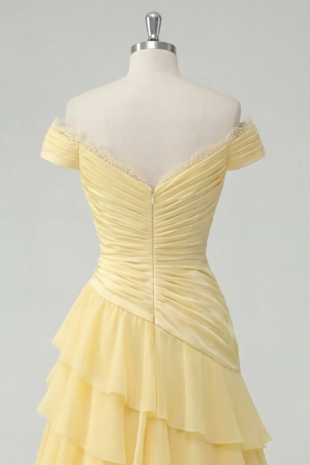 Robe Maxi en escalier en mousseline chiffon jaune A-line à fronçons découverte avec fente - Image 4