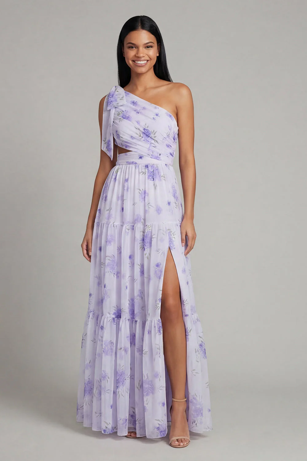 Robe d'invitée de mariage maxi lilas tulle ligne A une épaule imprimé floral avec fente - Image 2