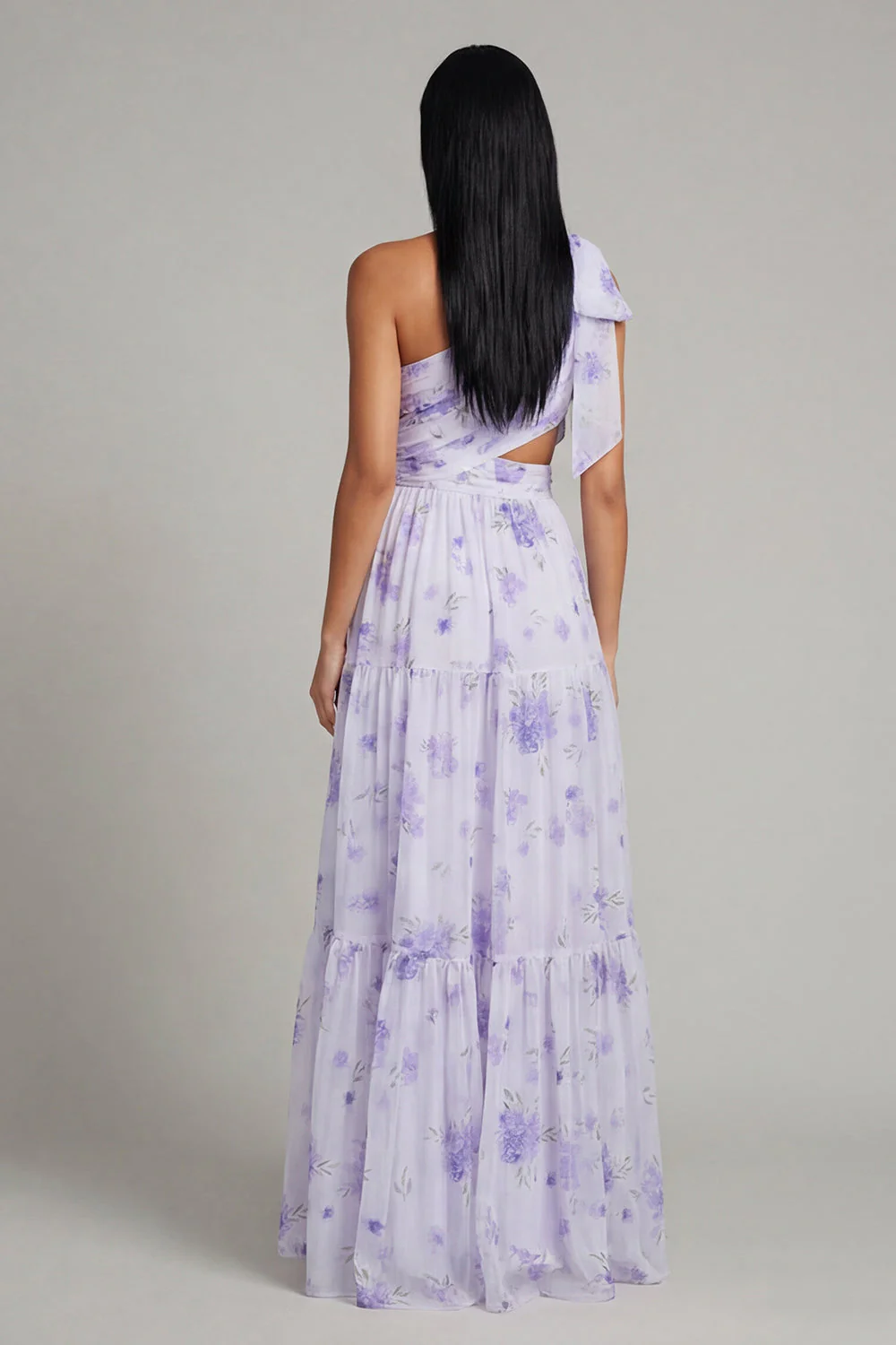 Robe d'invitée de mariage maxi lilas tulle ligne A une épaule imprimé floral avec fente - Image 3