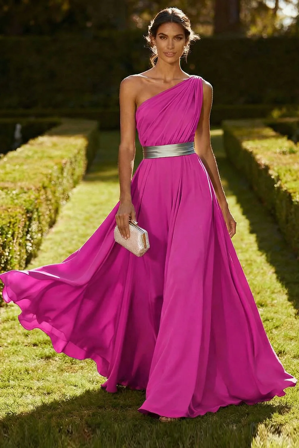 Robe Maxi en mousseline olive à une épaule - Image 10