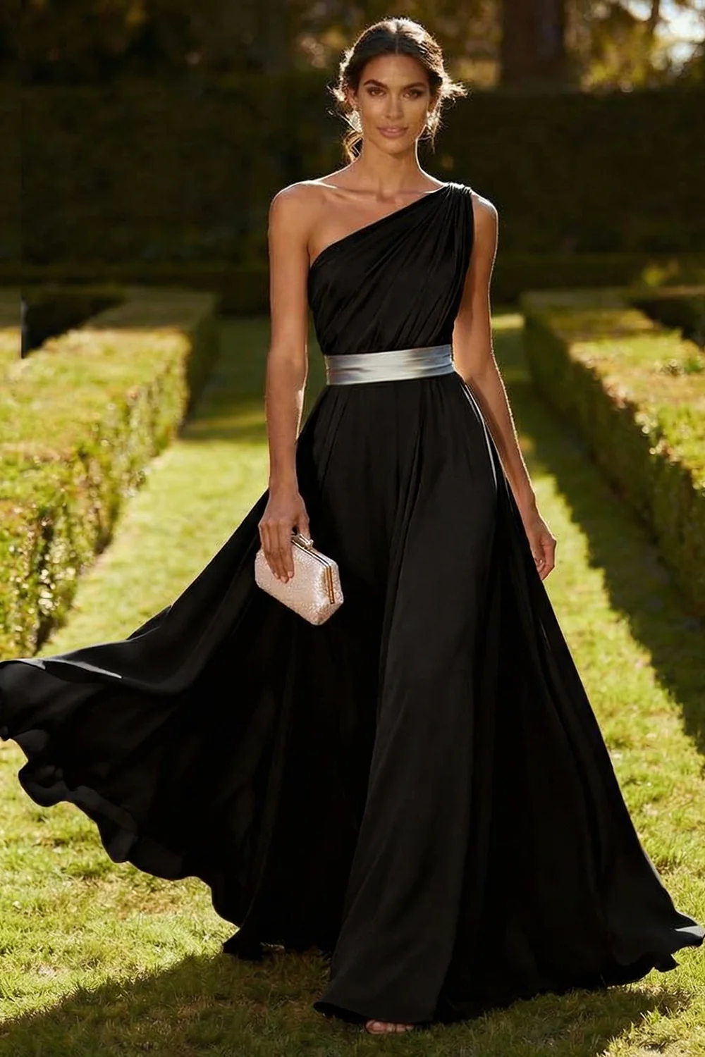 Robe Maxi en mousseline olive à une épaule - Image 5
