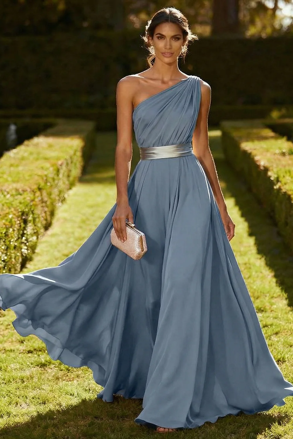 Robe Maxi en mousseline olive à une épaule - Image 8
