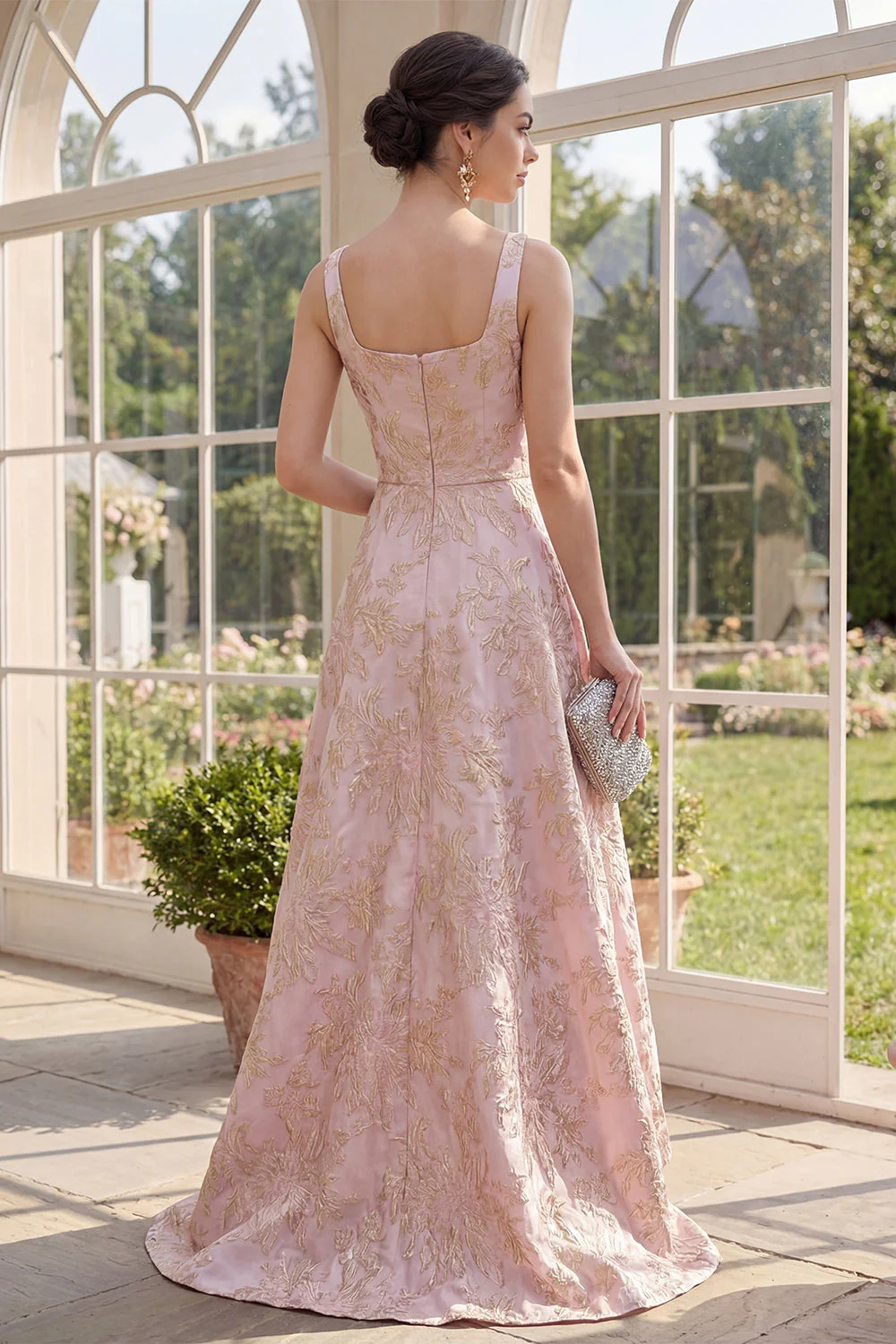 Robe Maxi Fleur Jacquard à col carré à longueur A en blush - Image 2