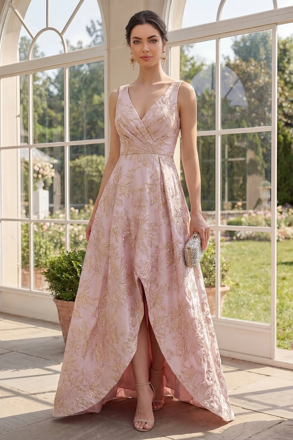 Robe Maxi fleur Jacquard à col en V à col en V haut, ligne basse A,