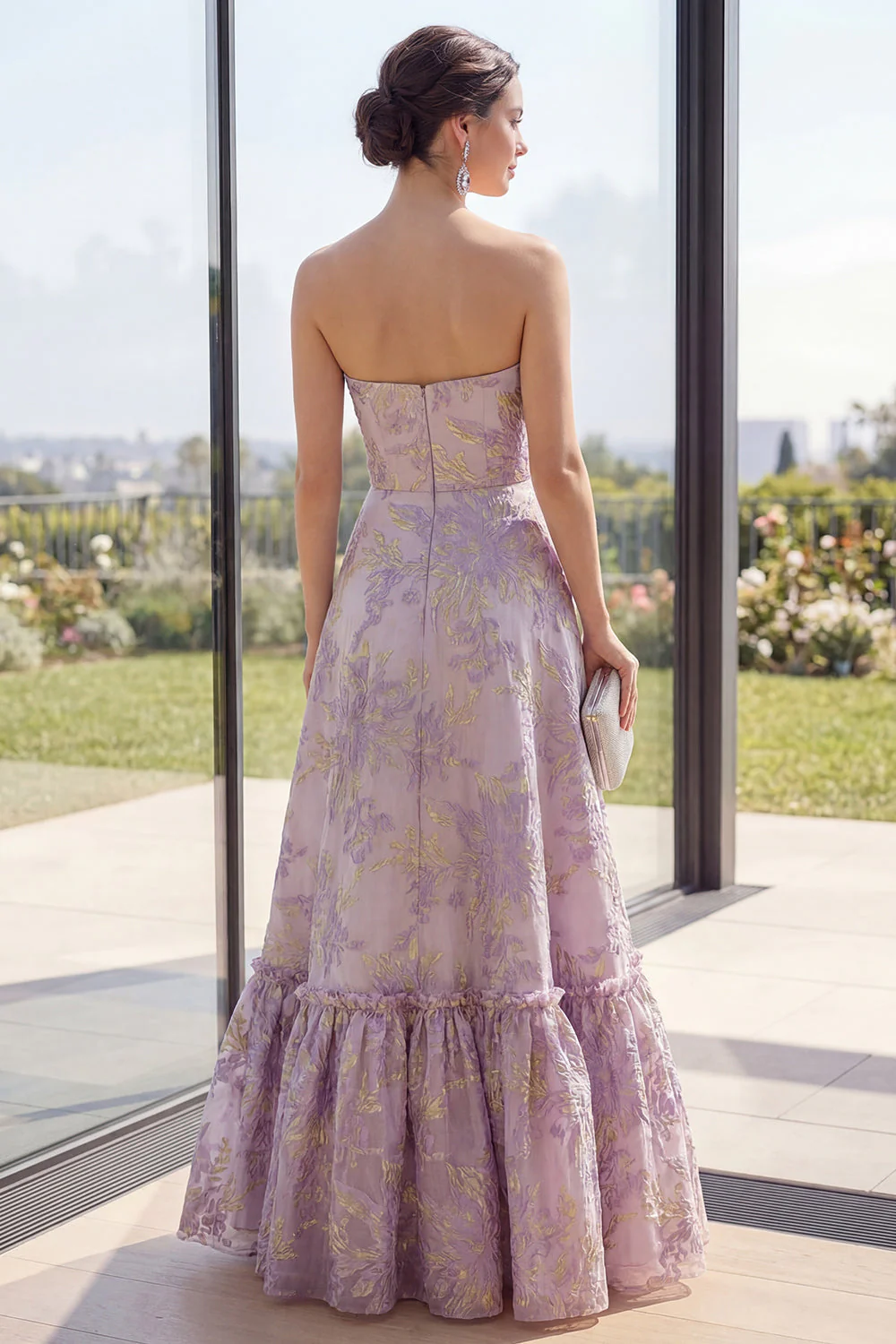 Robe Maxi fleurie Dusty Lilas Jacquard Bustless A Line - Image 2