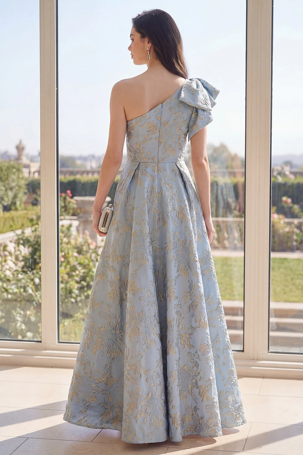 Robe Maxi fleurie Jacquard à une épaule et nœud Dusty Blue A Line - Image 2