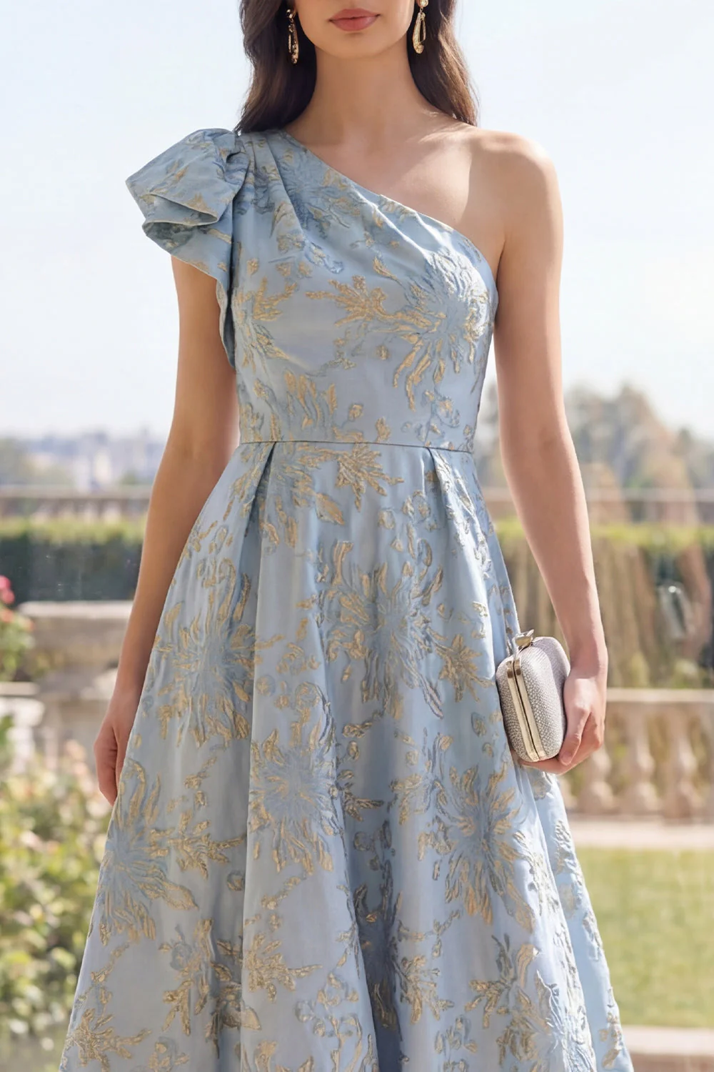 Robe Maxi fleurie Jacquard à une épaule et nœud Dusty Blue A Line - Image 3