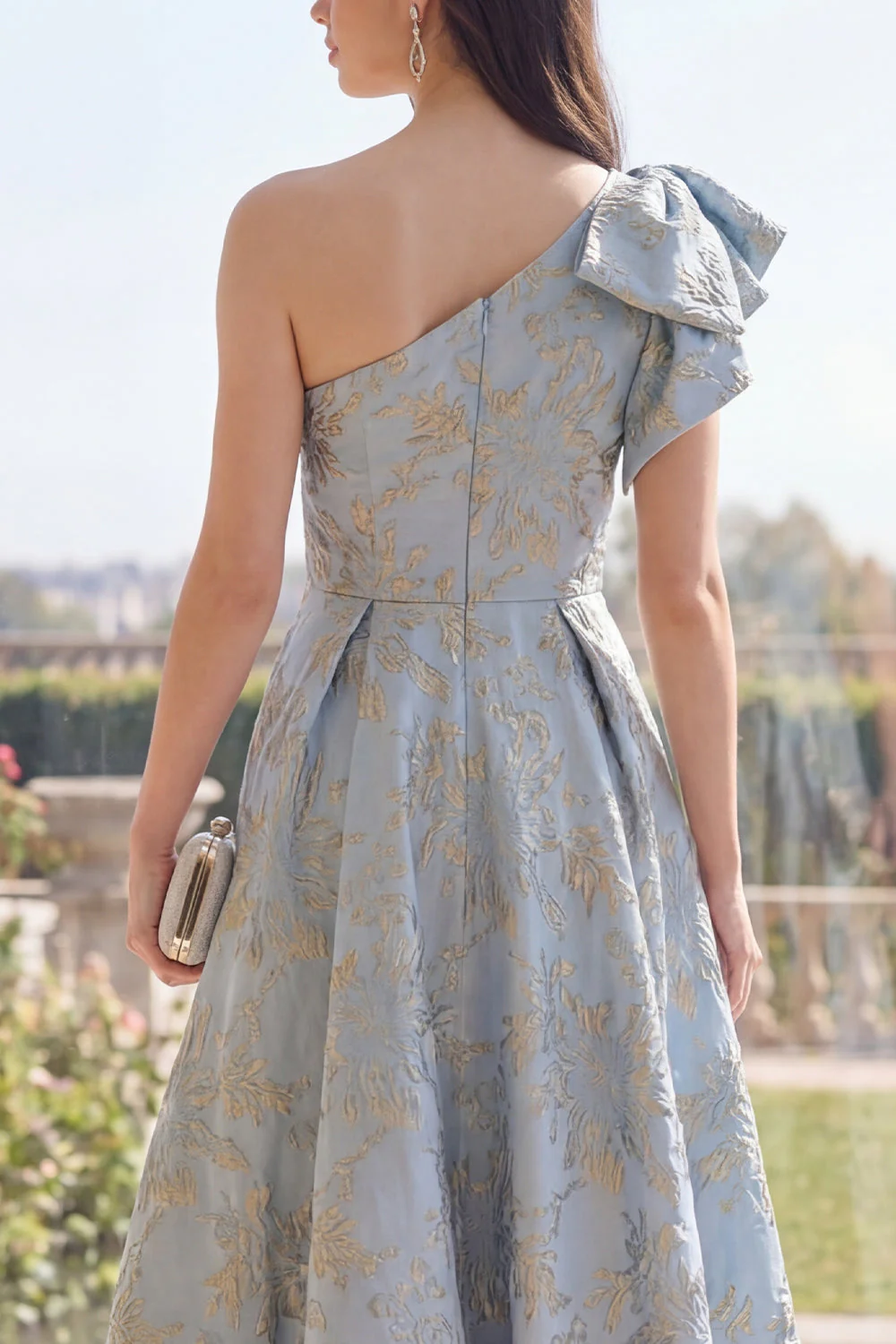 Robe Maxi fleurie Jacquard à une épaule et nœud Dusty Blue A Line - Image 4