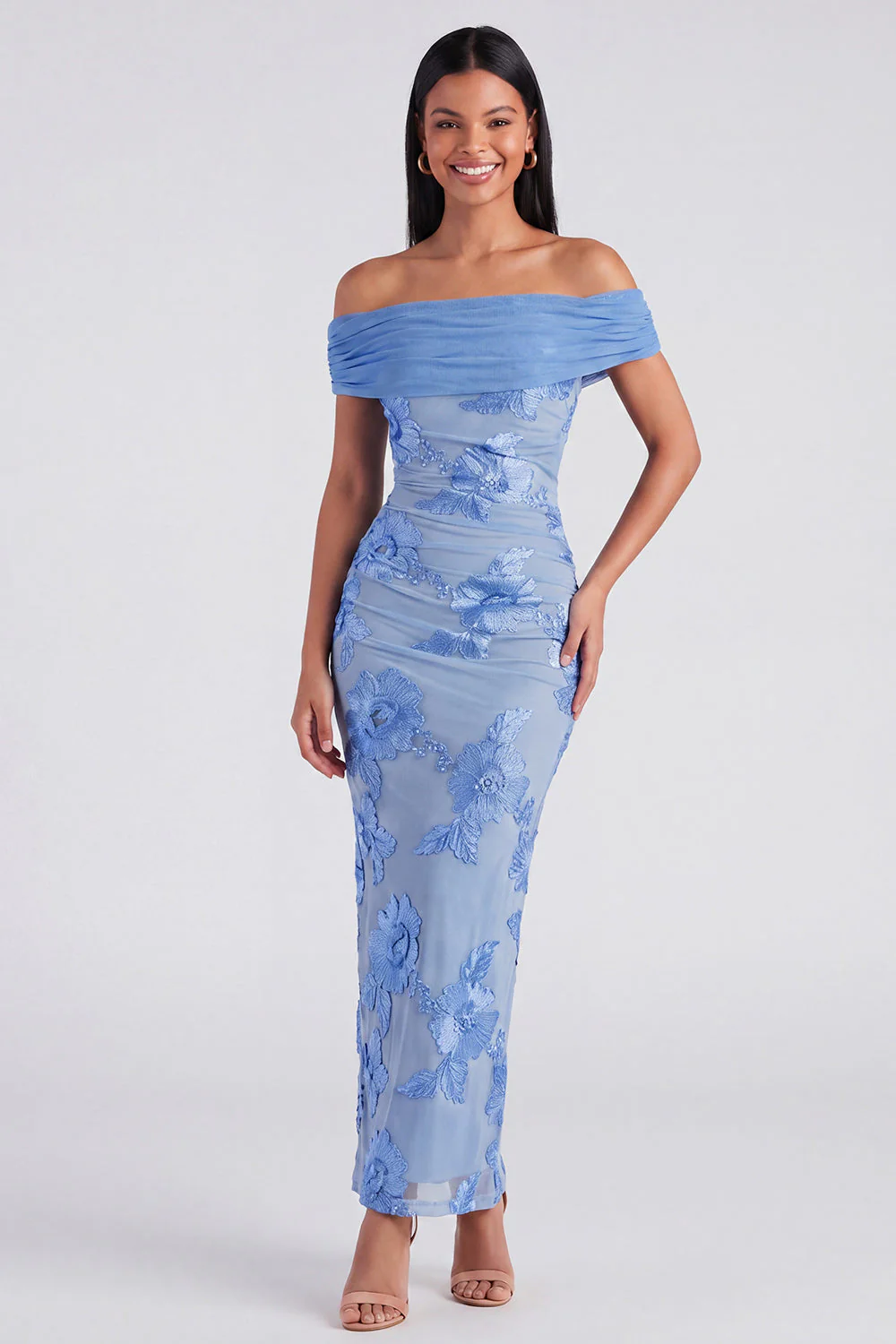 Robe Maxi fleurie jaune bodycon, épaule dénudée, avec fente - Image 6