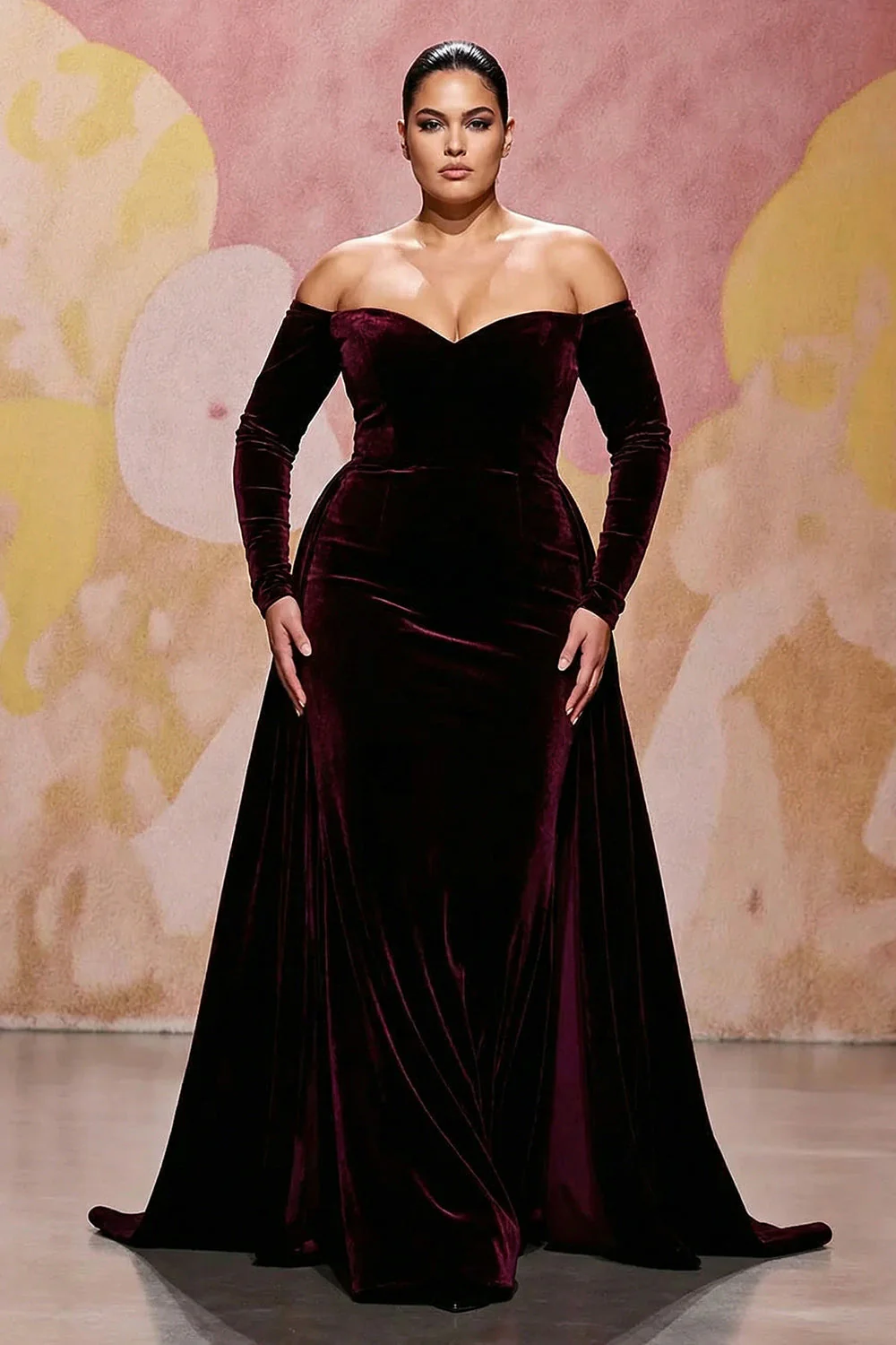 Robe Maxi grande taille en velours rouge foncé A line décollé