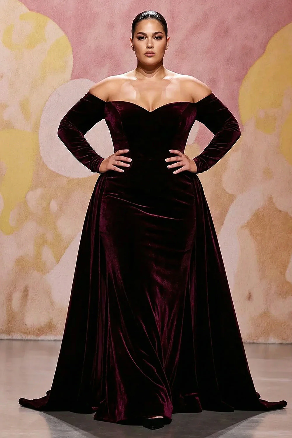 Robe Maxi grande taille en velours rouge foncé A line décollé - Image 5