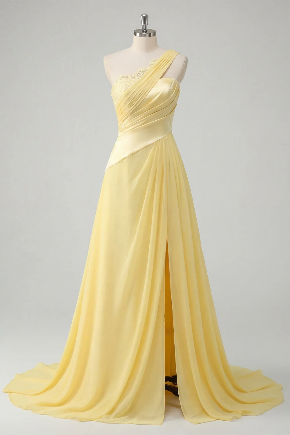 Robe Maxi jaune beurre en mousseline A-Line à une épaule froncée avec fente