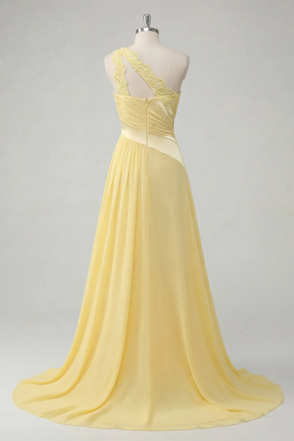 Robe Maxi jaune beurre en mousseline A-Line à une épaule froncée avec fente - Image 2