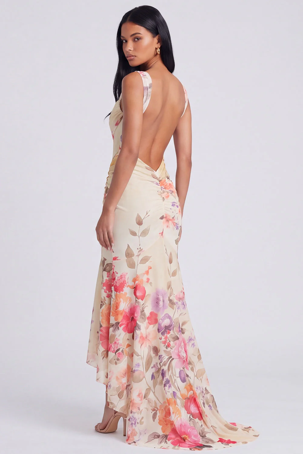 Robe maxi sirène fleurie à col carré en ivoire - Image 10