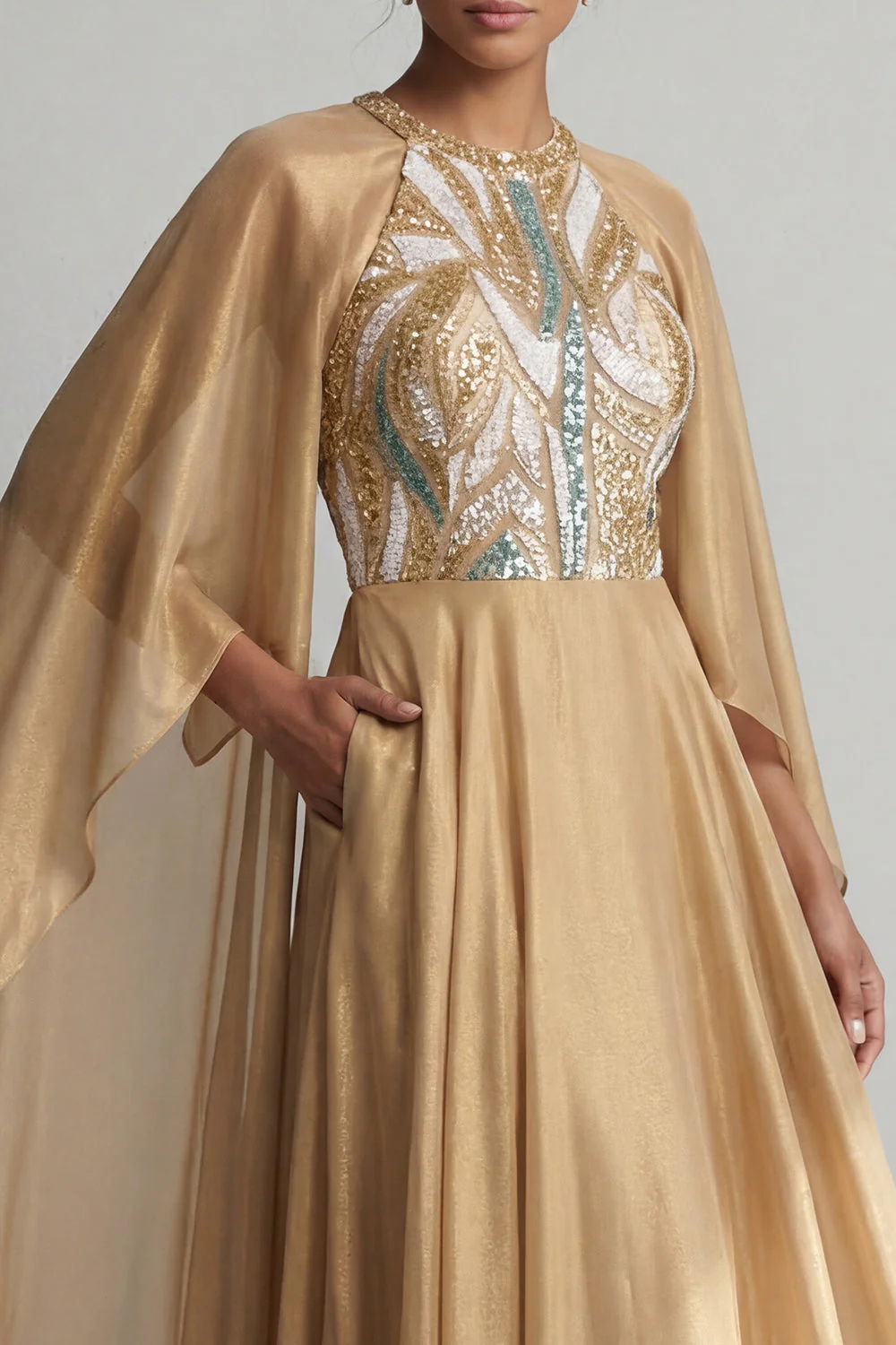 Robe Mère de la Mariée à manches longues en A-Line Champagne - Image 4