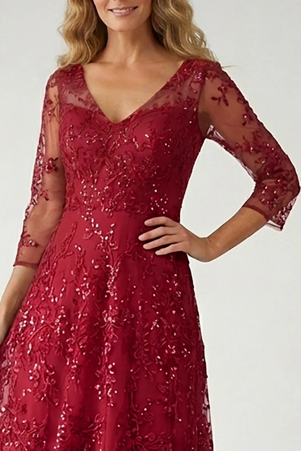 Robe Mère de la Mariée en dentelle bourgogne scintillante avec manche - Image 3