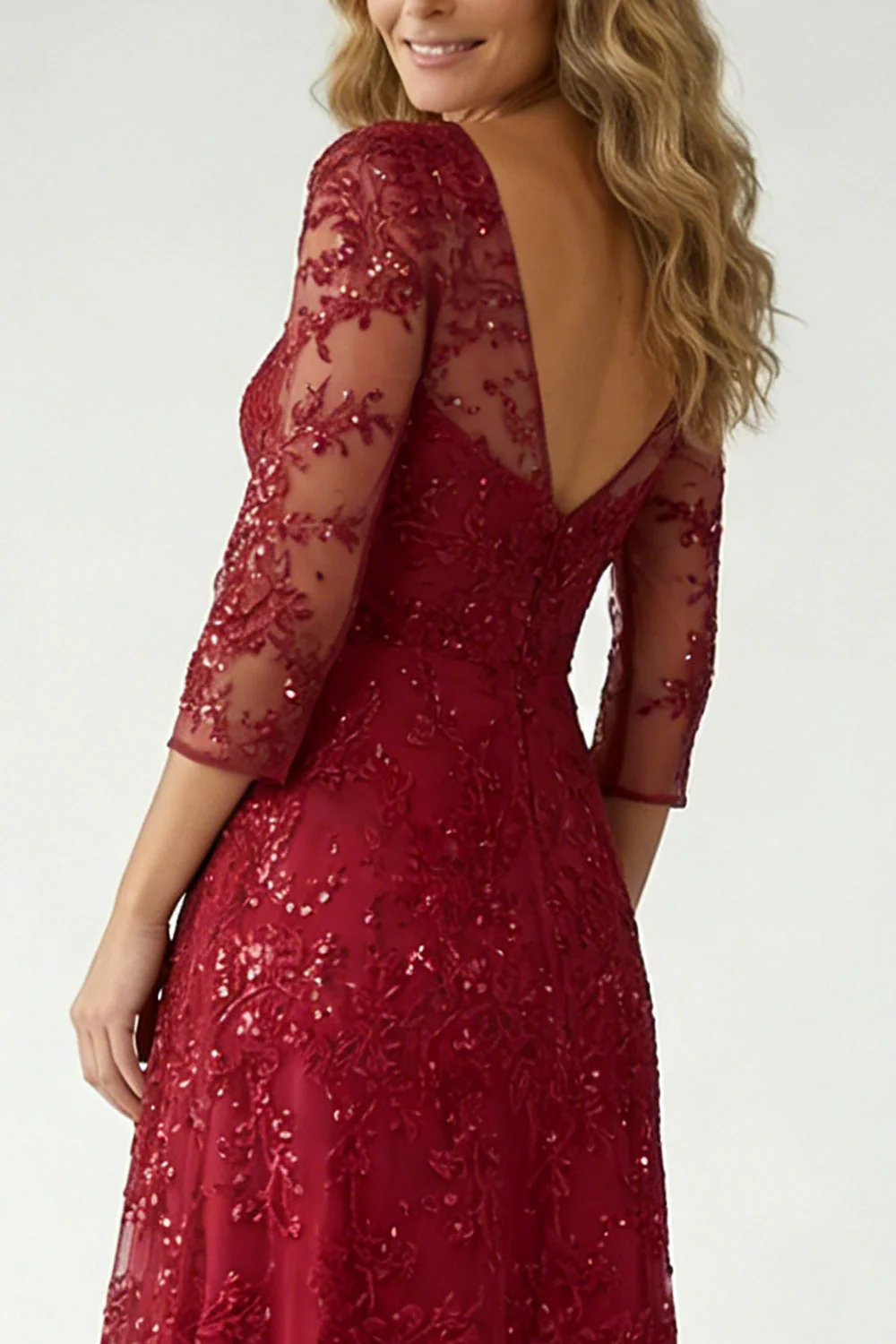 Robe Mère de la Mariée en dentelle bourgogne scintillante avec manche - Image 4