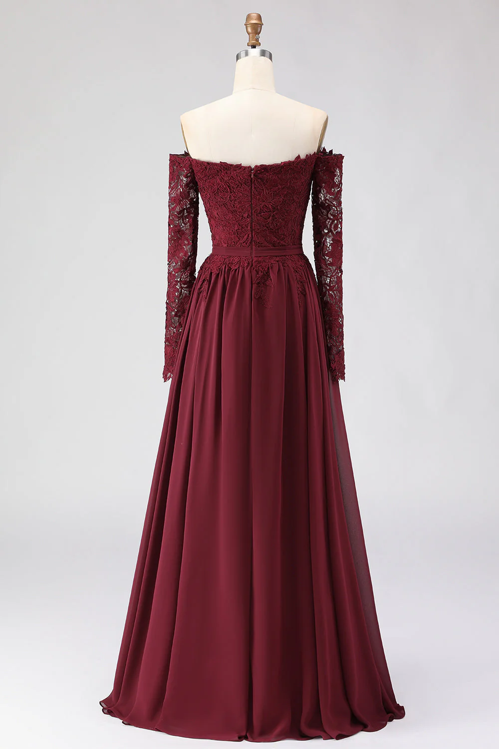 Cabernet Une ligne dénudée épaule longue mère de la mariée robe avec dentelle - Image 5
