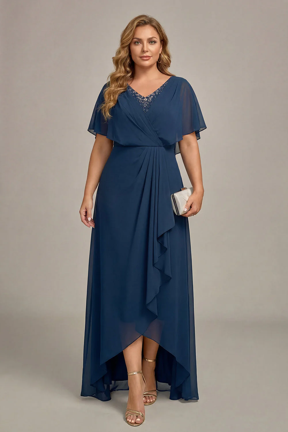 Robe mère de la mariée en mousseline marine à col en V et taille grande taille en mousseline - Image 3