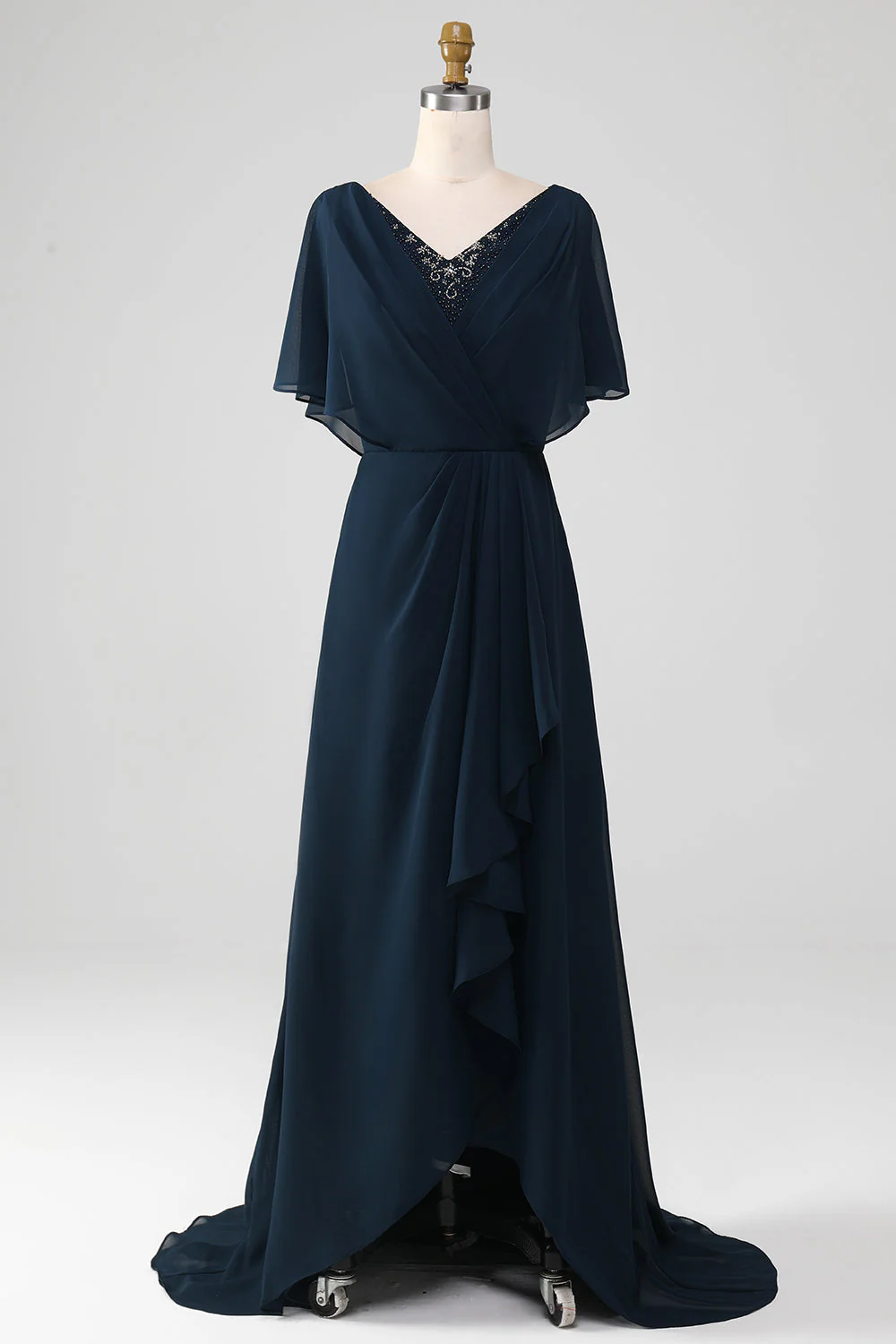 Robe mère de la mariée en mousseline marine à col en V et taille grande taille en mousseline - Image 7