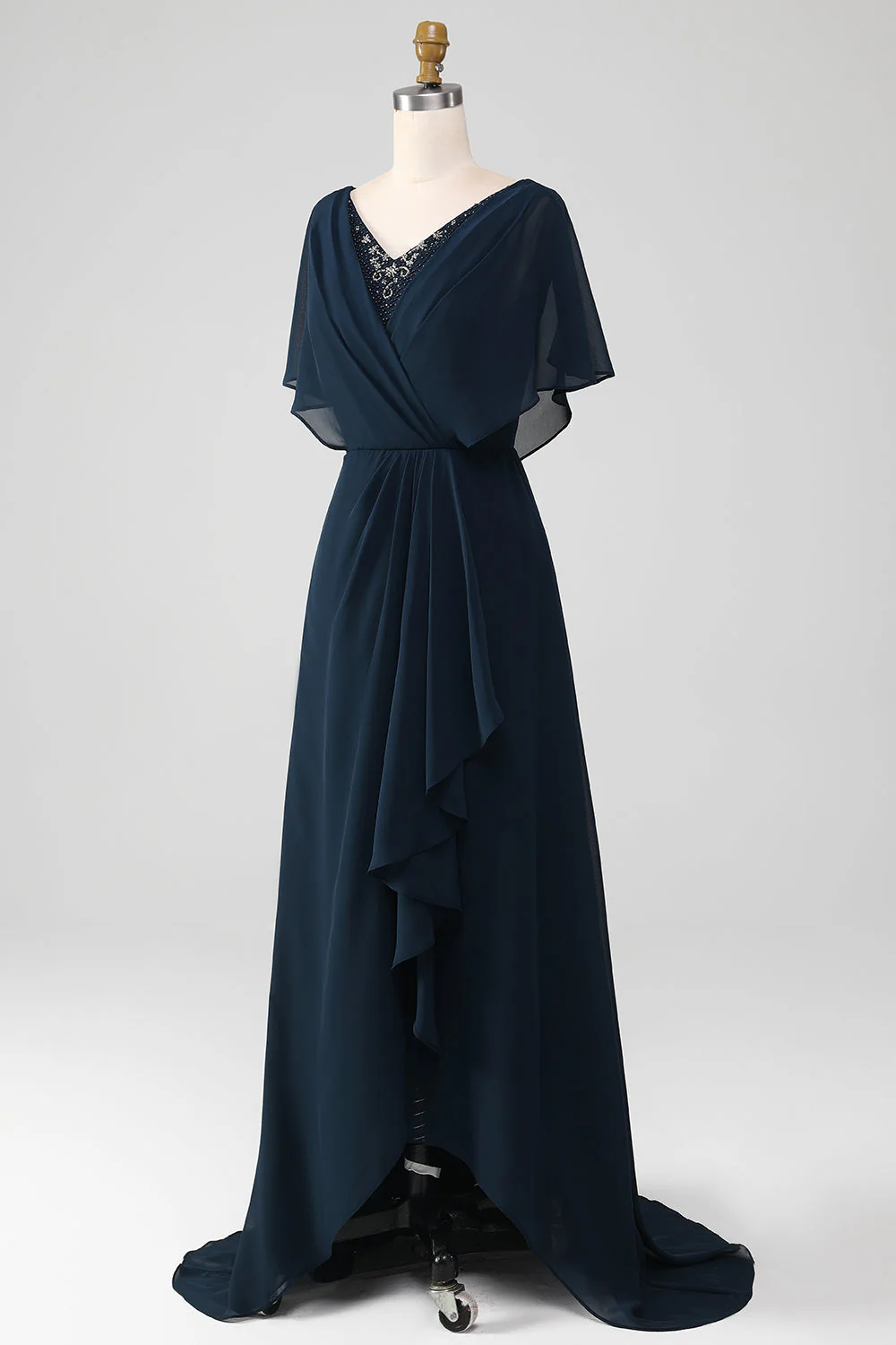 Robe mère de la mariée en mousseline marine à col en V et taille grande taille en mousseline - Image 9