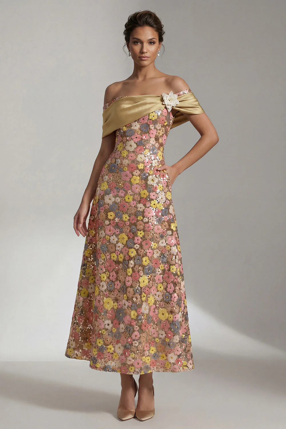 Robe Mère de la Mariée jaune scintillante Long Short Out Line, Mère de la Mariée