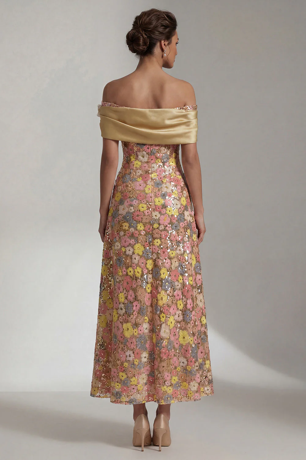 Robe Mère de la Mariée jaune scintillante Long Short Out Line, Mère de la Mariée - Image 2
