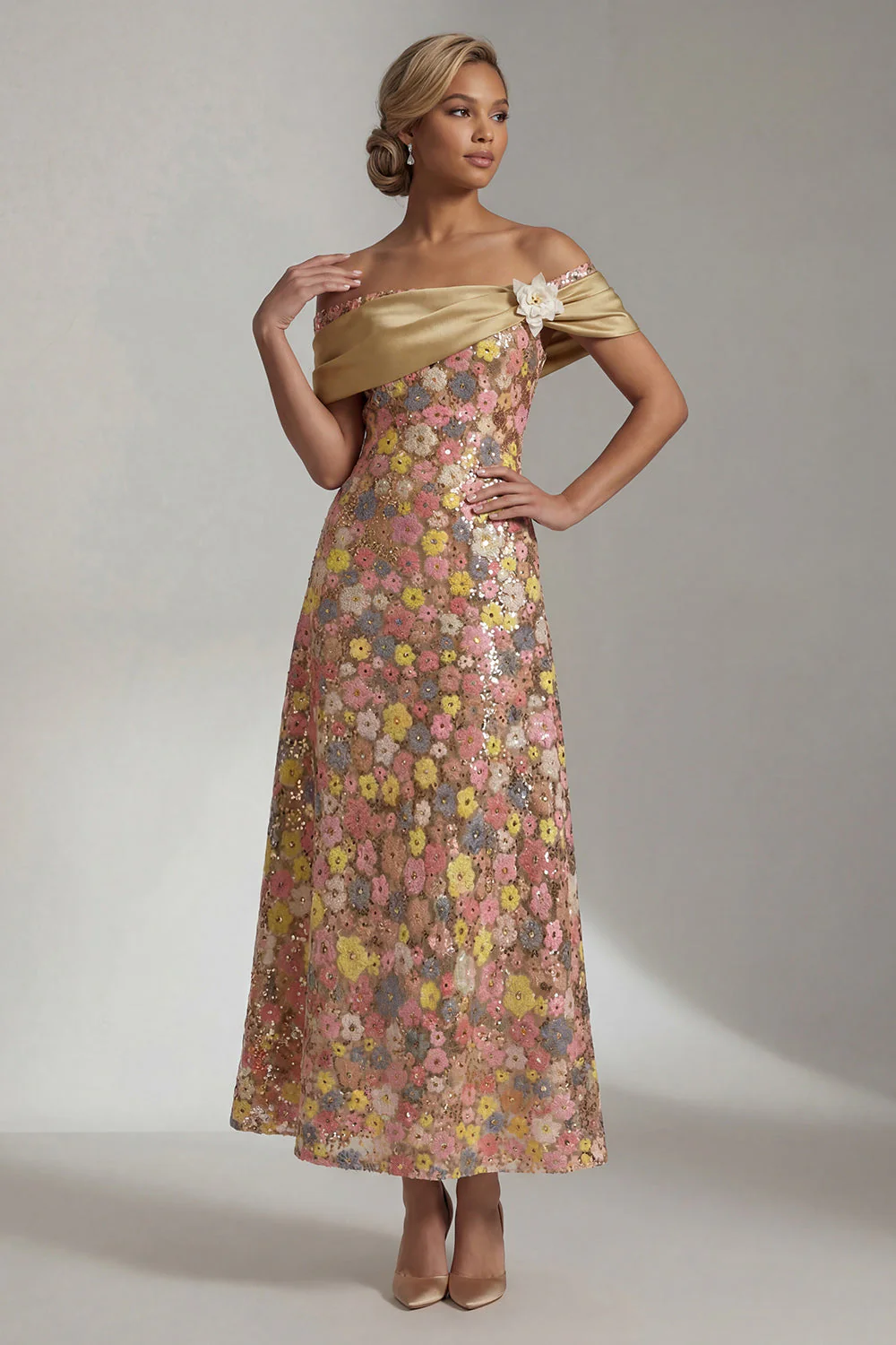 Robe Mère de la Mariée jaune scintillante Long Short Out Line, Mère de la Mariée - Image 3