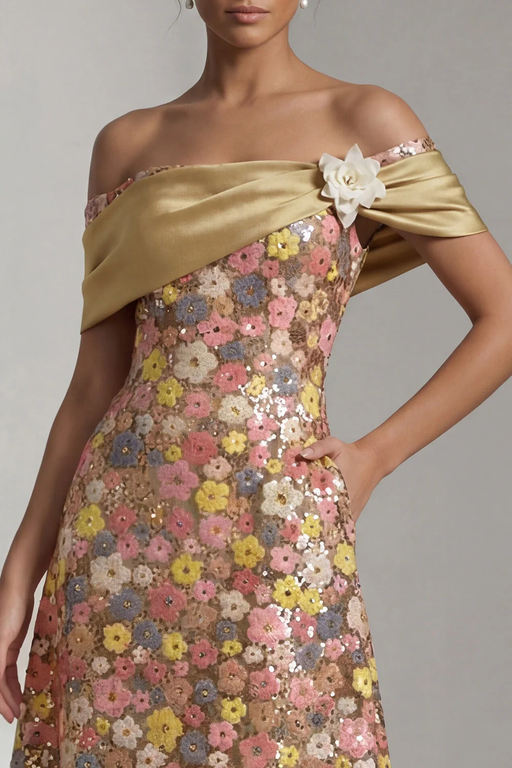 Robe Mère de la Mariée jaune scintillante Long Short Out Line, Mère de la Mariée - Image 4