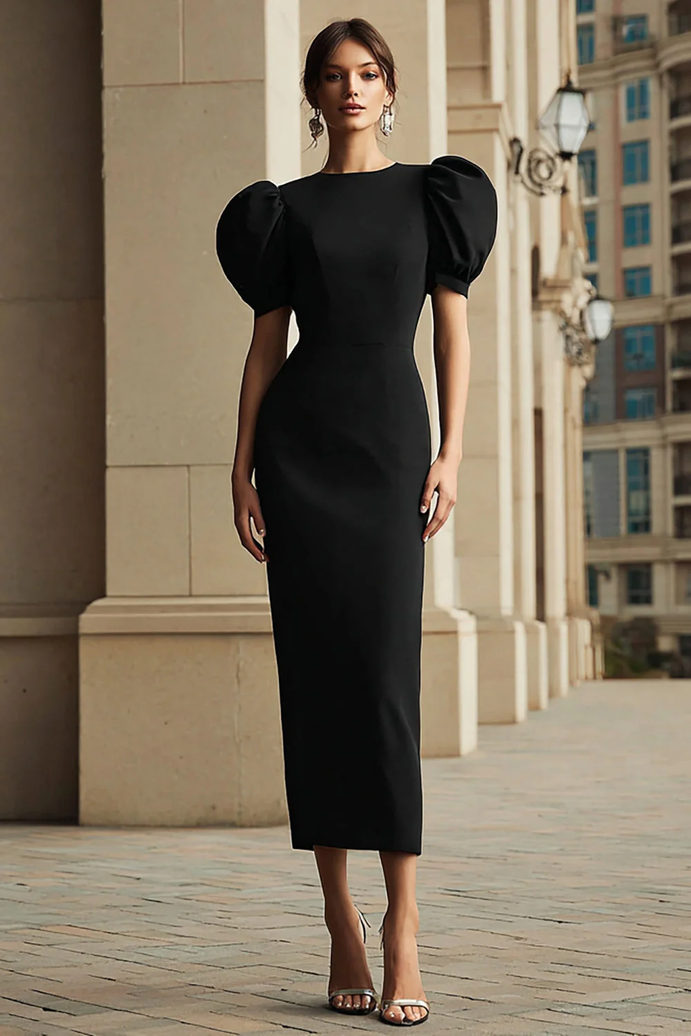 Robe mi-longue noire fourreau à manches bouffantes