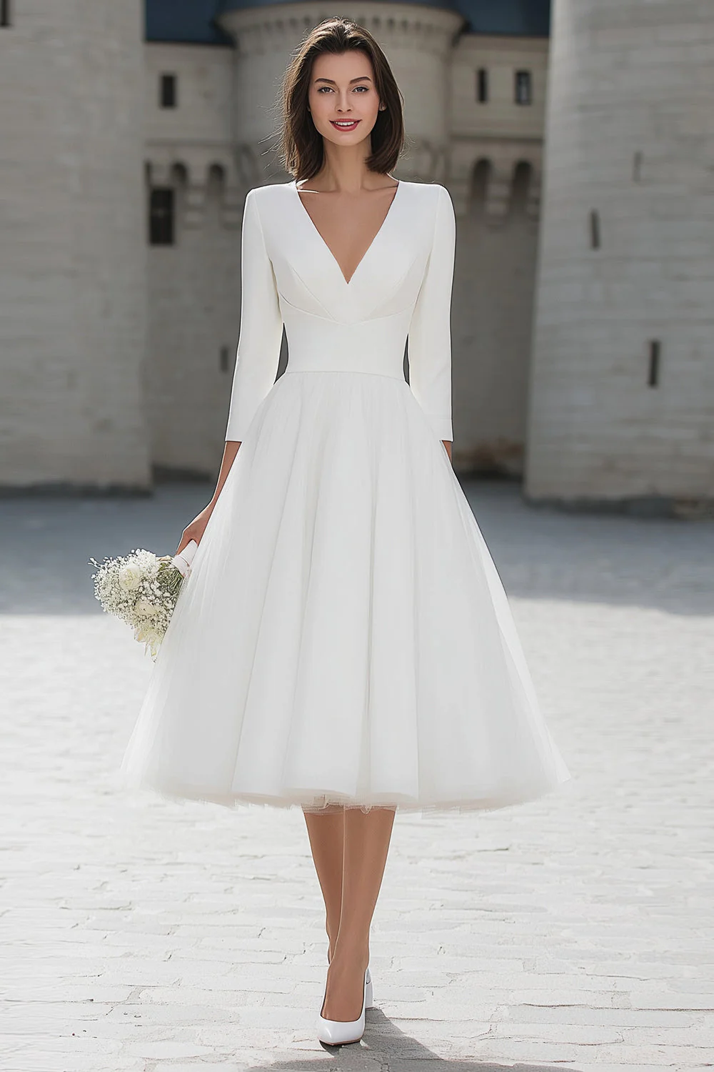 Robe de fiançailles midi ivoire trapèze à col V élégant