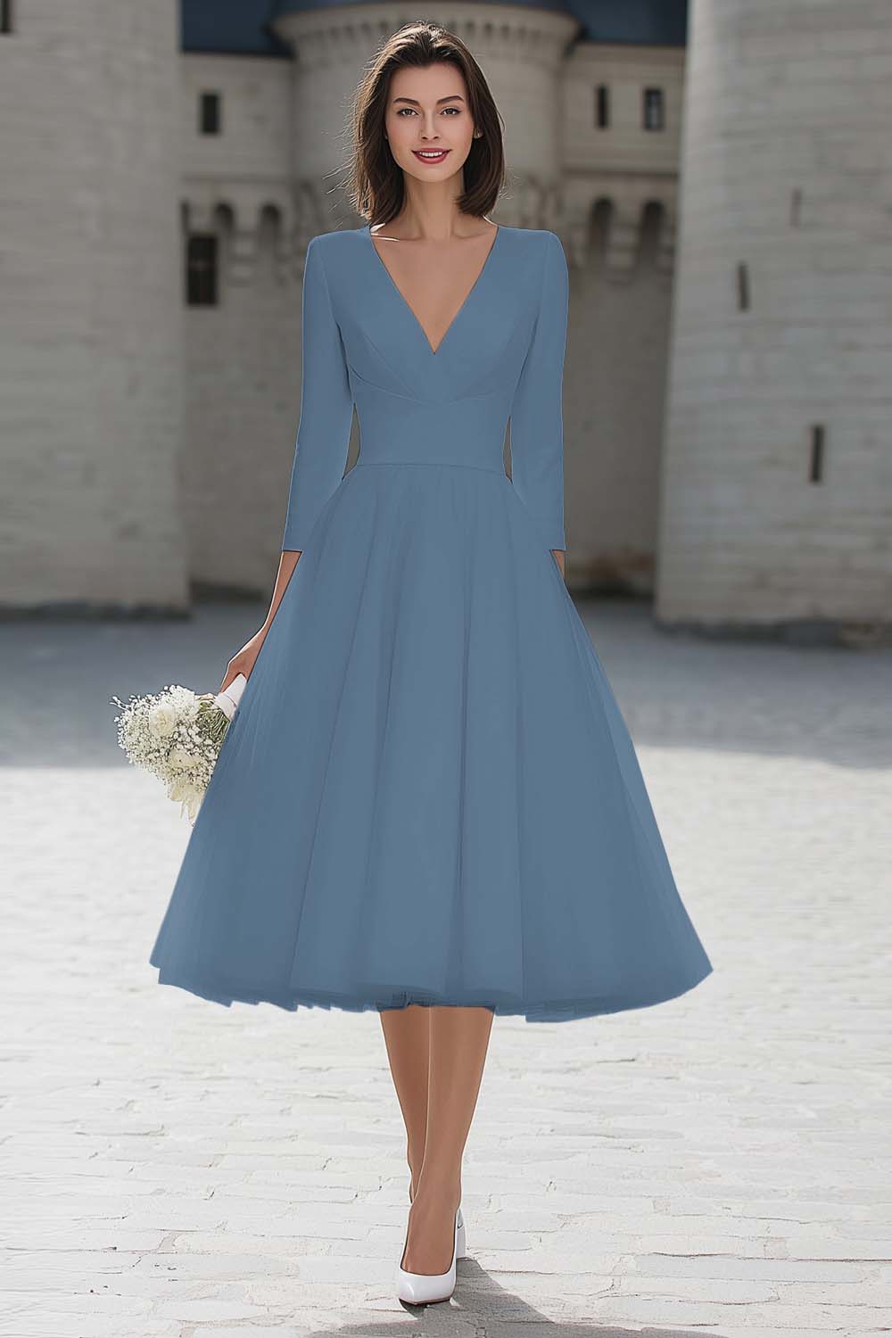 Robe de fiançailles midi ivoire trapèze à col V élégant - Image 10