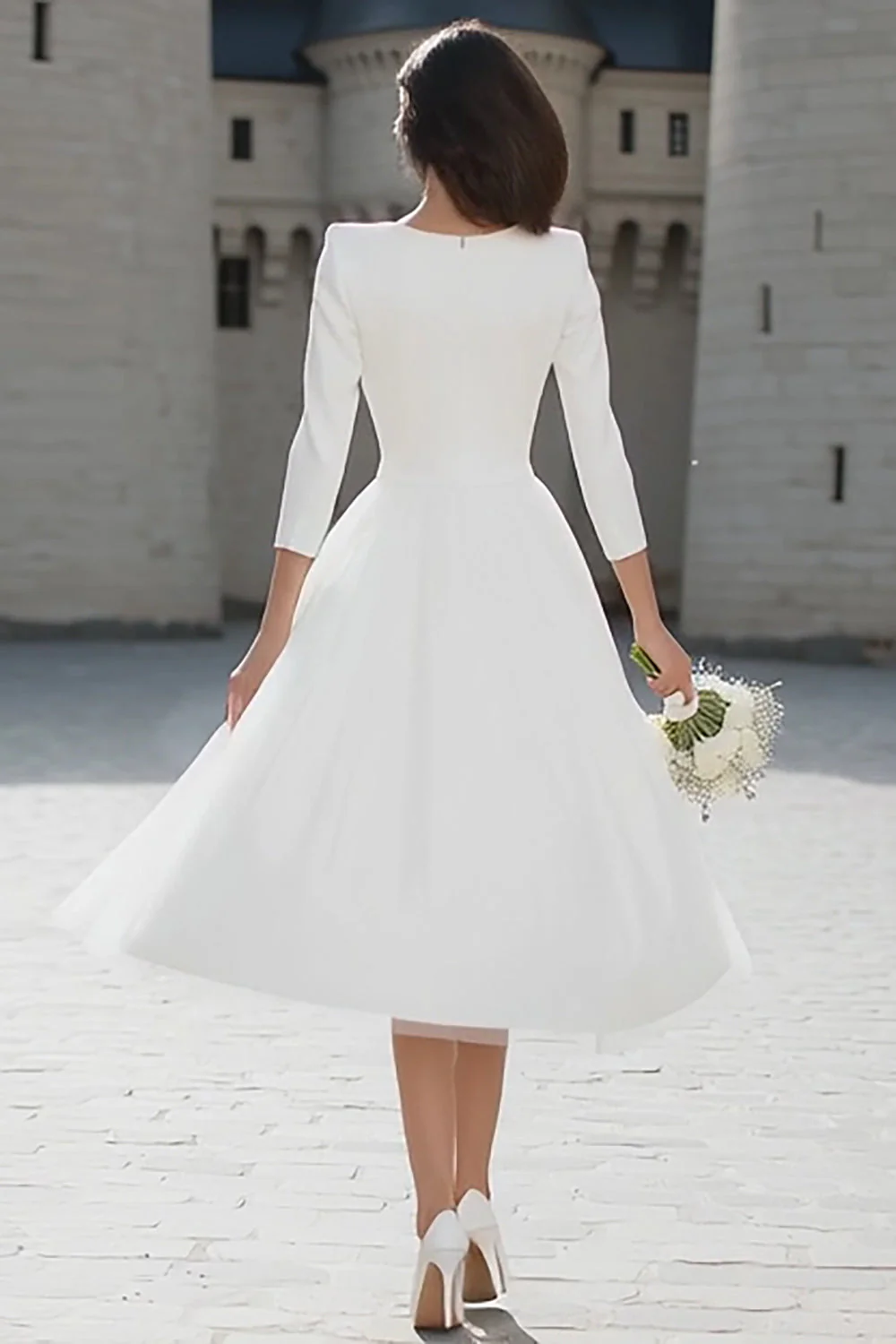 Robe de fiançailles midi ivoire trapèze à col V élégant - Image 2